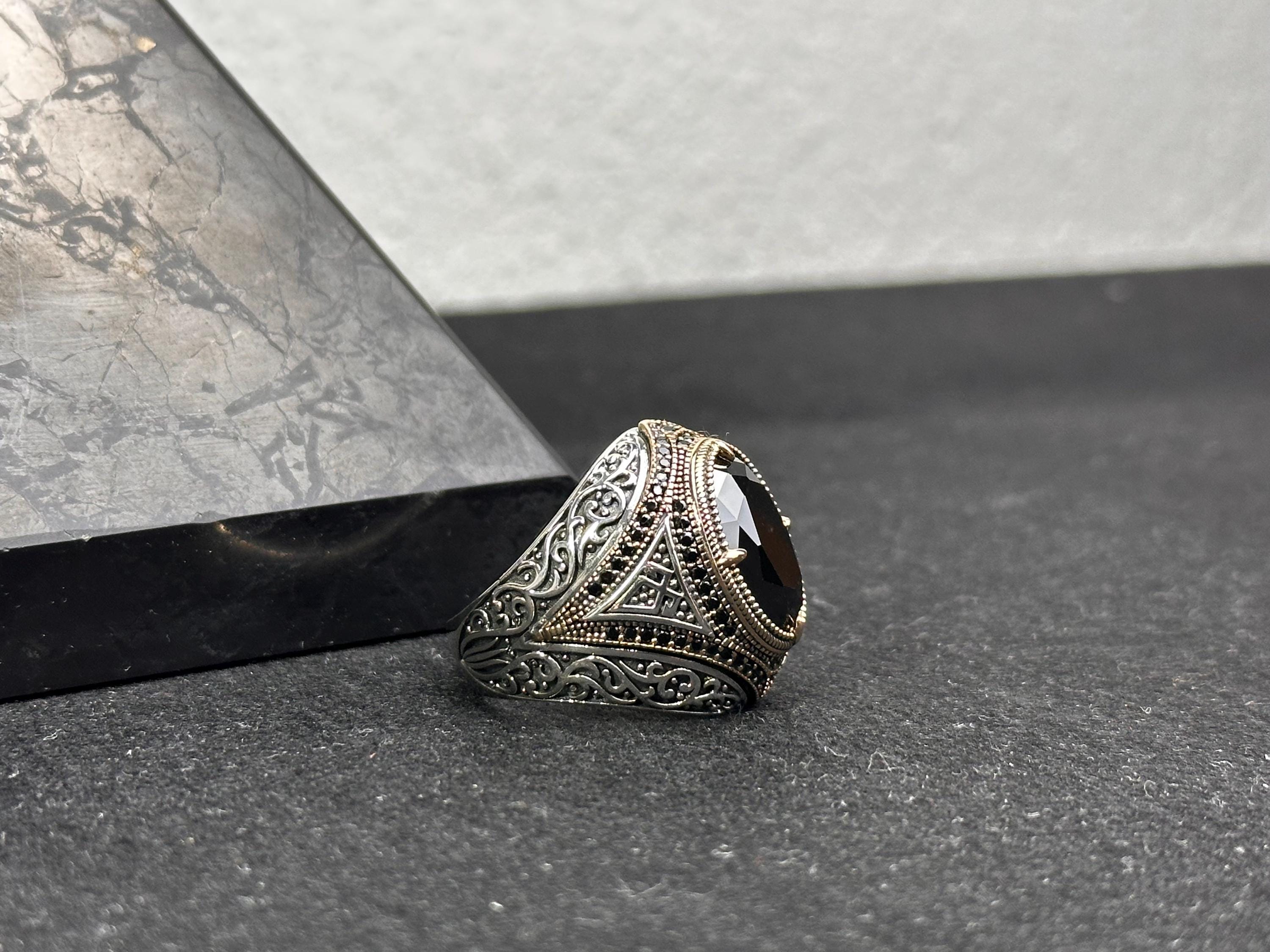Men's Silver Ring: Handmade 925 Sterling - Black Zircon Stone