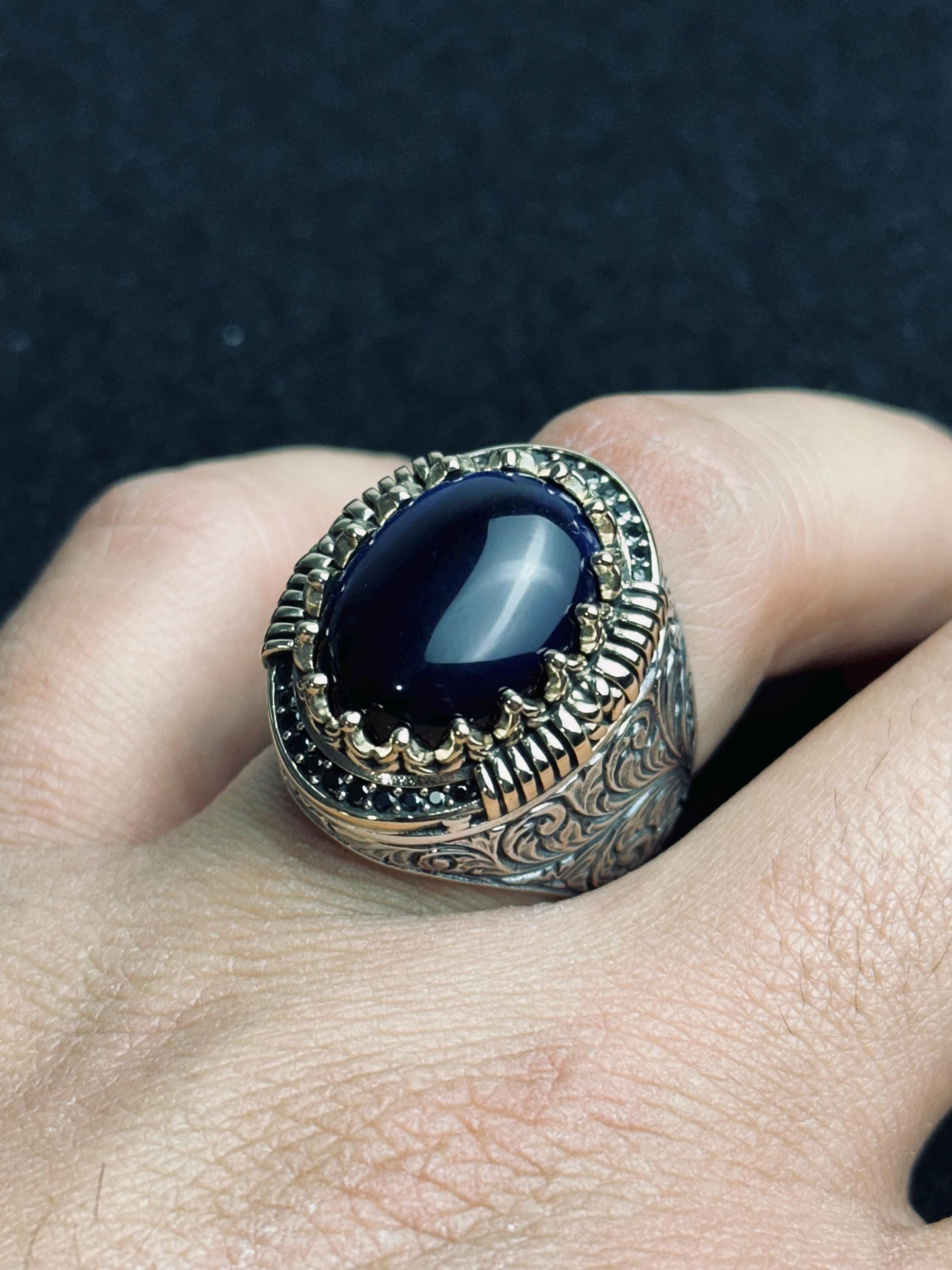 Viking Sapphire Ring, Dragon Engraved, Sterling Silver (Men's Size)