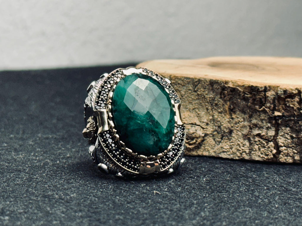 Huge Emerald Stone Ring - Sterling Silver Lion Head Design