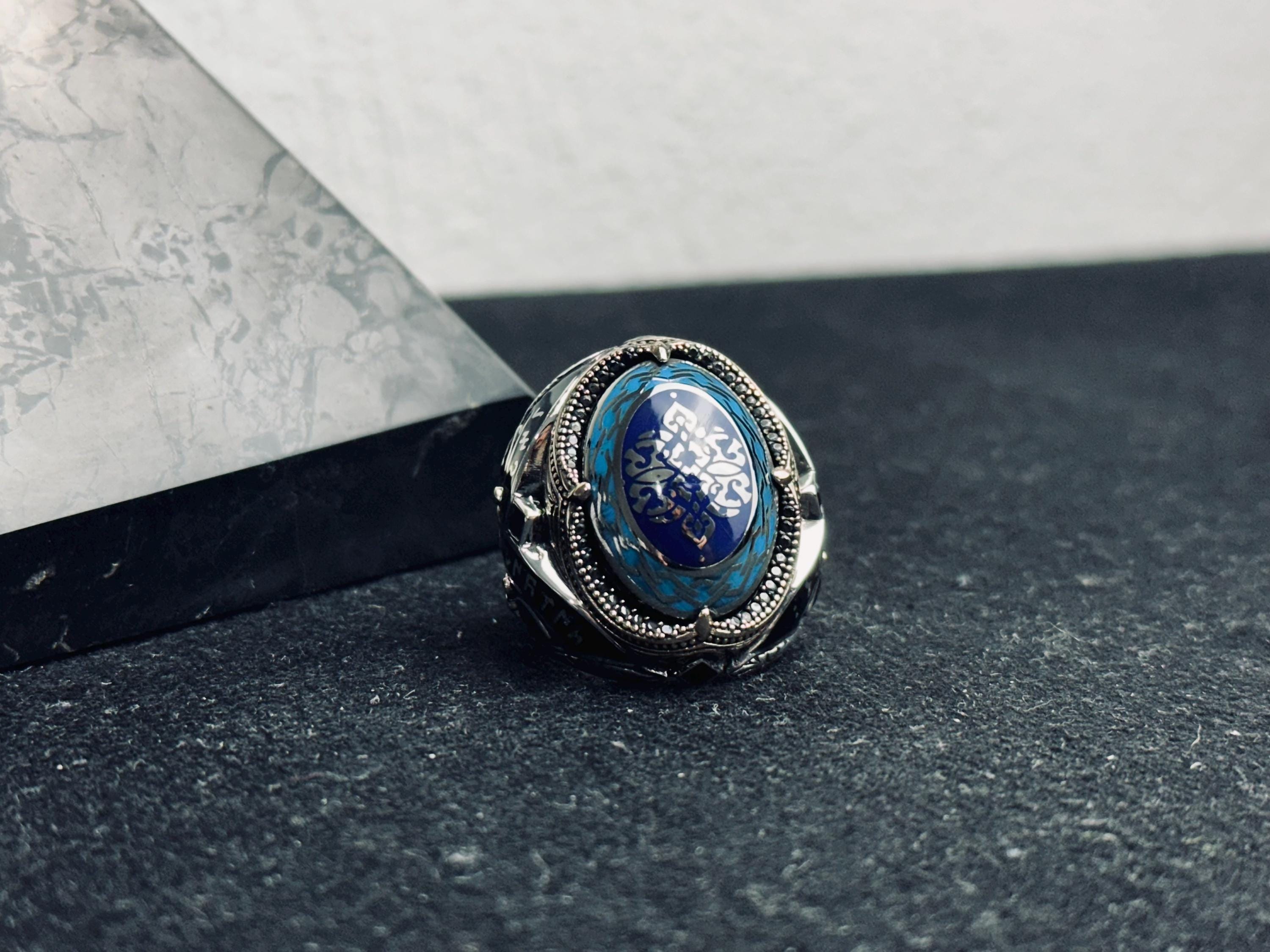 Sterling Silver Blue Stone Ottoman Ring, Islamic Calligraphy Men Ring, Turkish Handmade Jewelry, Ramadan Gift, Statement Signet Ring