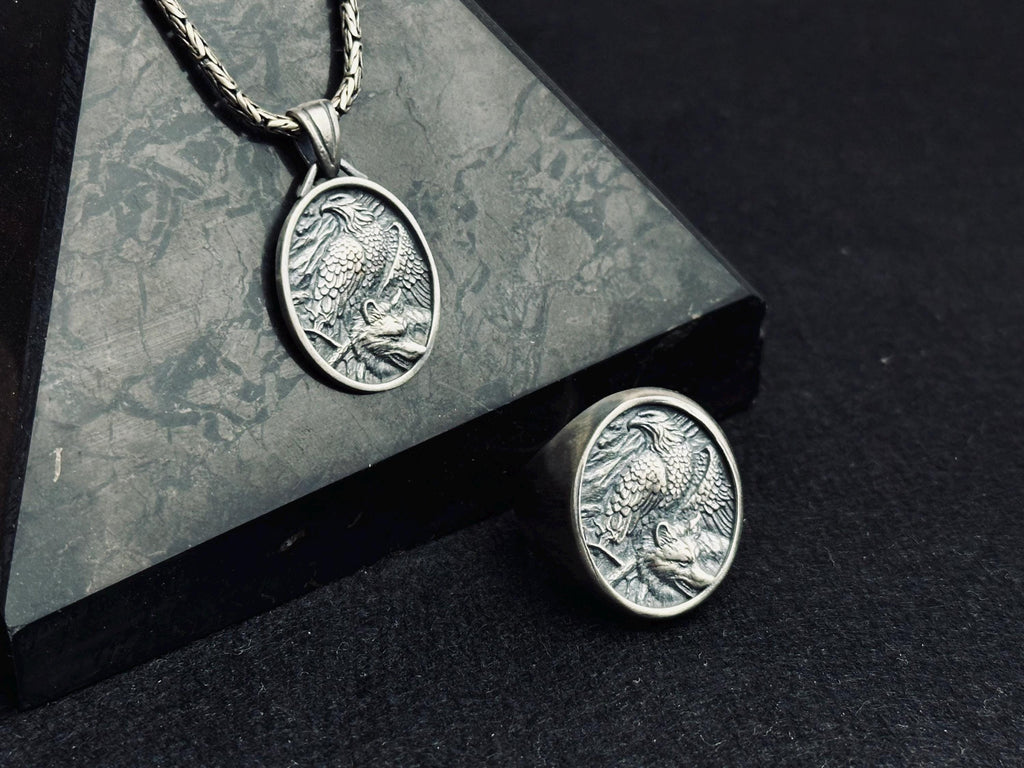Sterling Silver Eagle Necklace and Ring Set - Handmade Winged Jewelry
