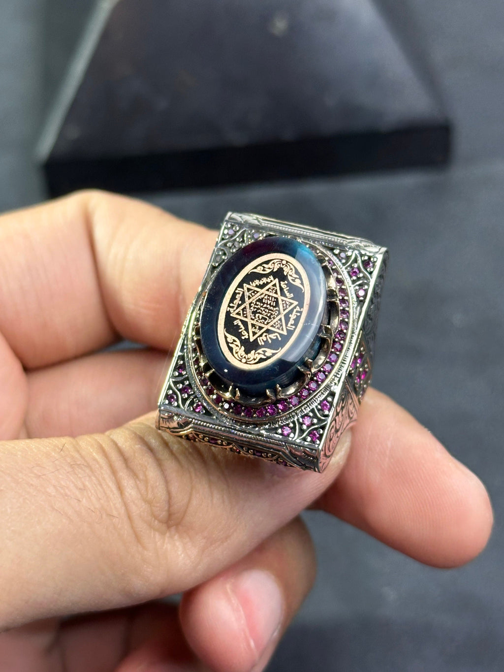 Solomon King Seal Ring: Sterling Silver, Amber Stone - Engraved Detail