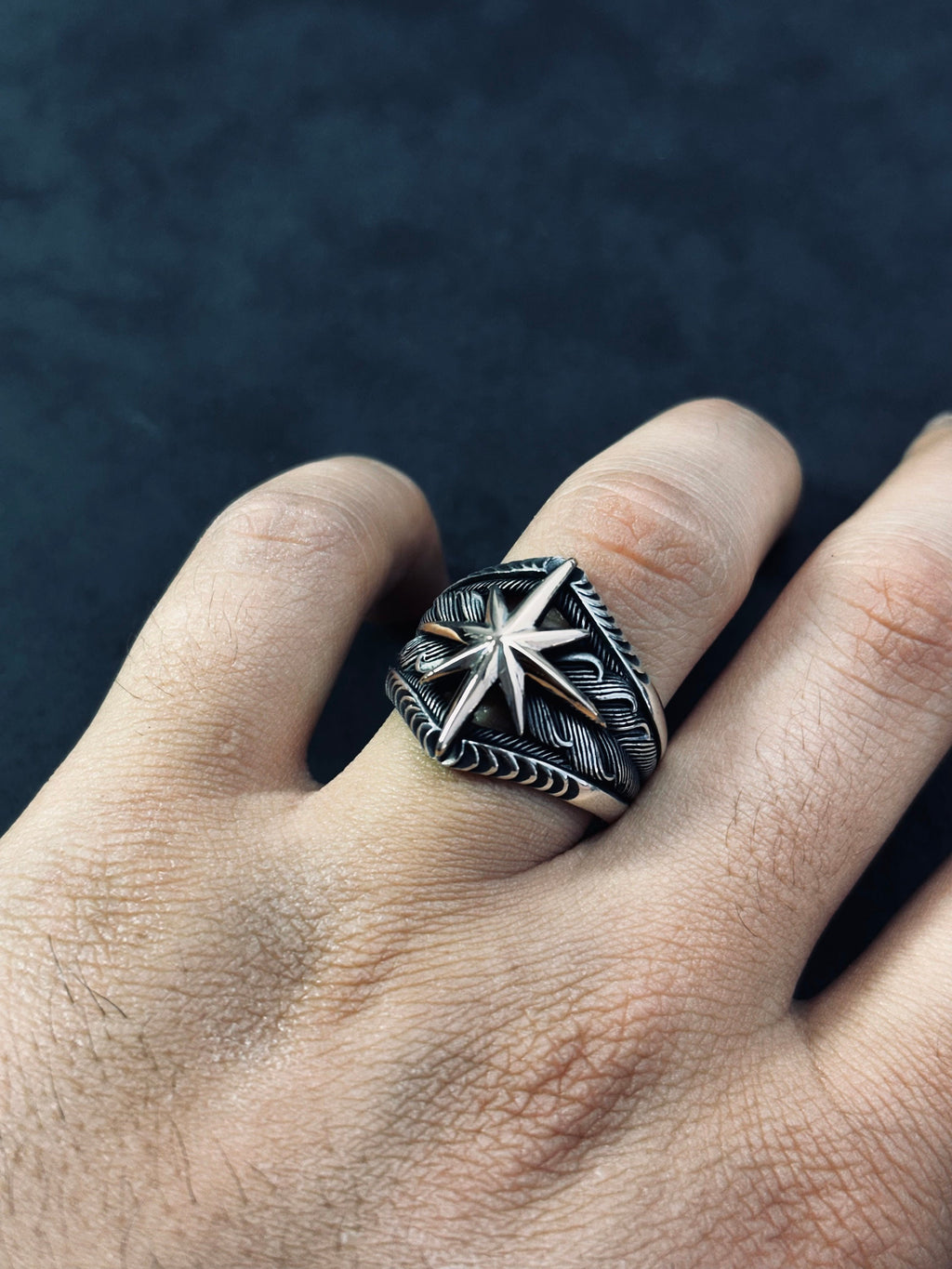 Sterling Silver Compass Ring, North Star Engraved (Handmade, 925)