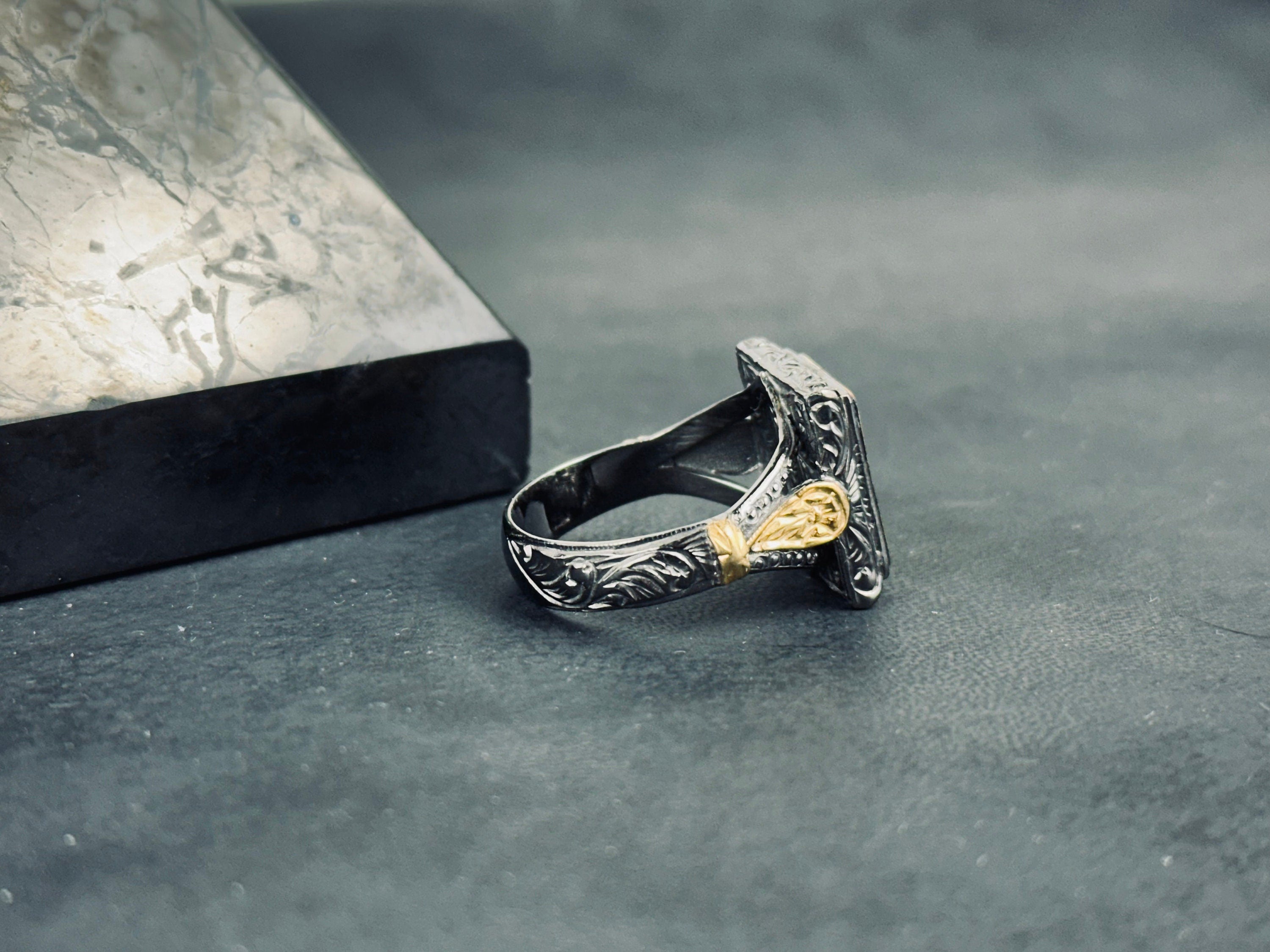 Sterling Silver Ring, Rhodium Engraved Band (Men's Size Options)