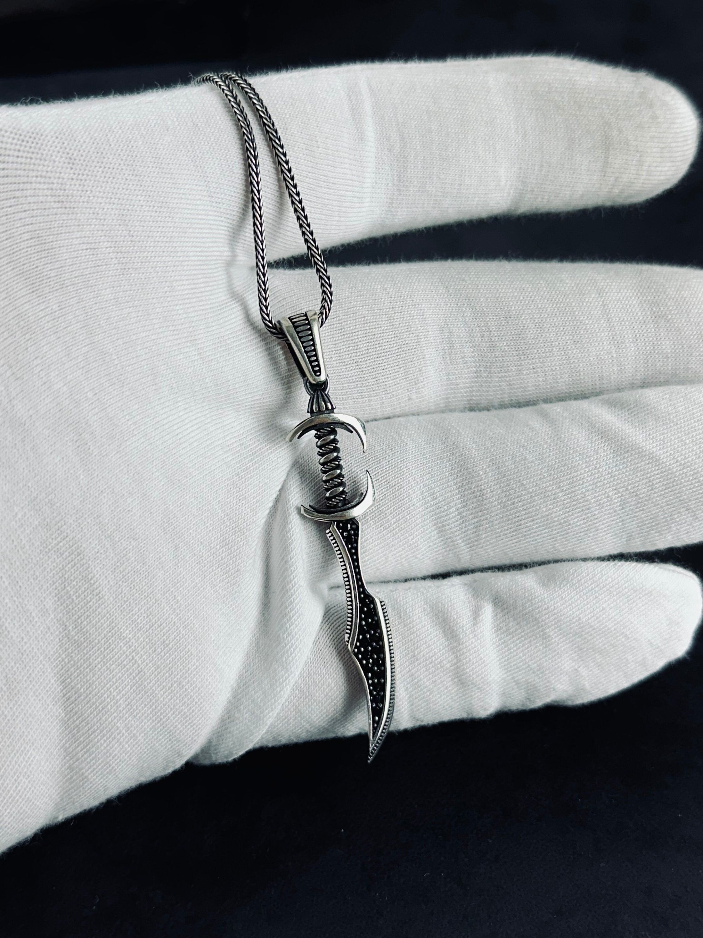 Silver Assassin Dagger Necklace - Detailed Zircon Pendant