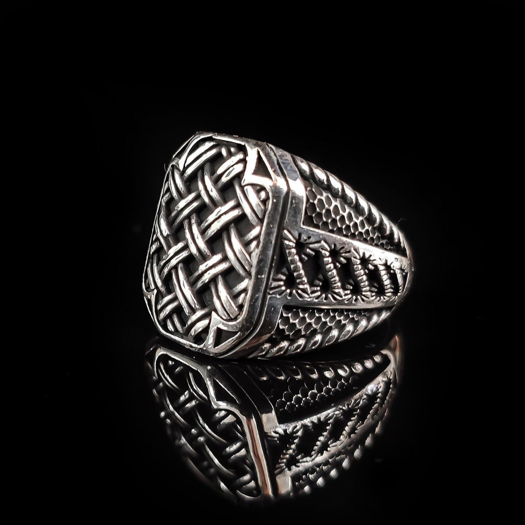 Sterling Silver Ring: Wicker Engraved Design - Handmade Men's Band