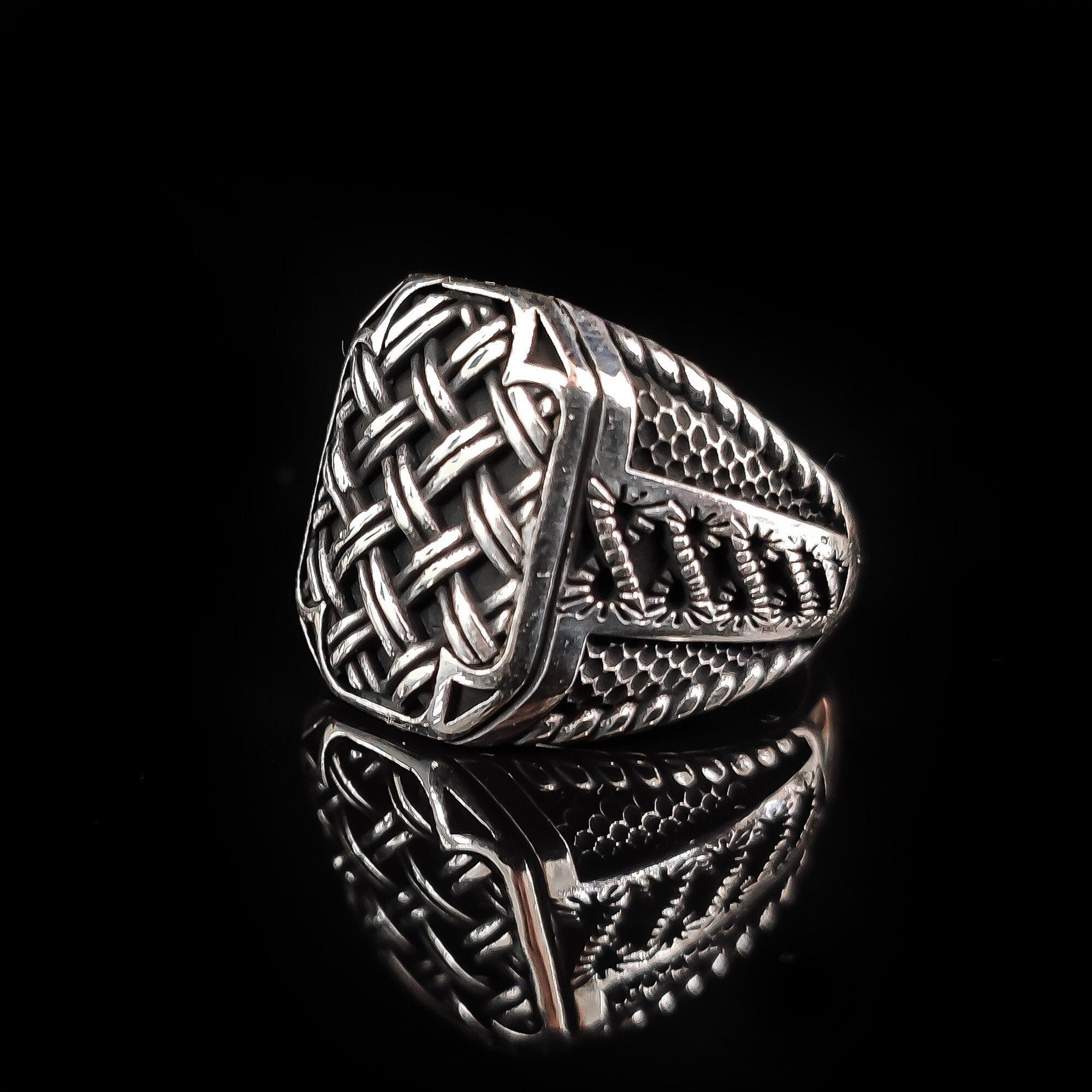 Sterling Silver Ring: Wicker Engraved Design - Handmade Men's Band