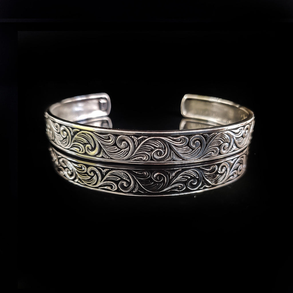 Sterling Silver Cuff Bracelet: Handmade Engraved - Adjustable Fit