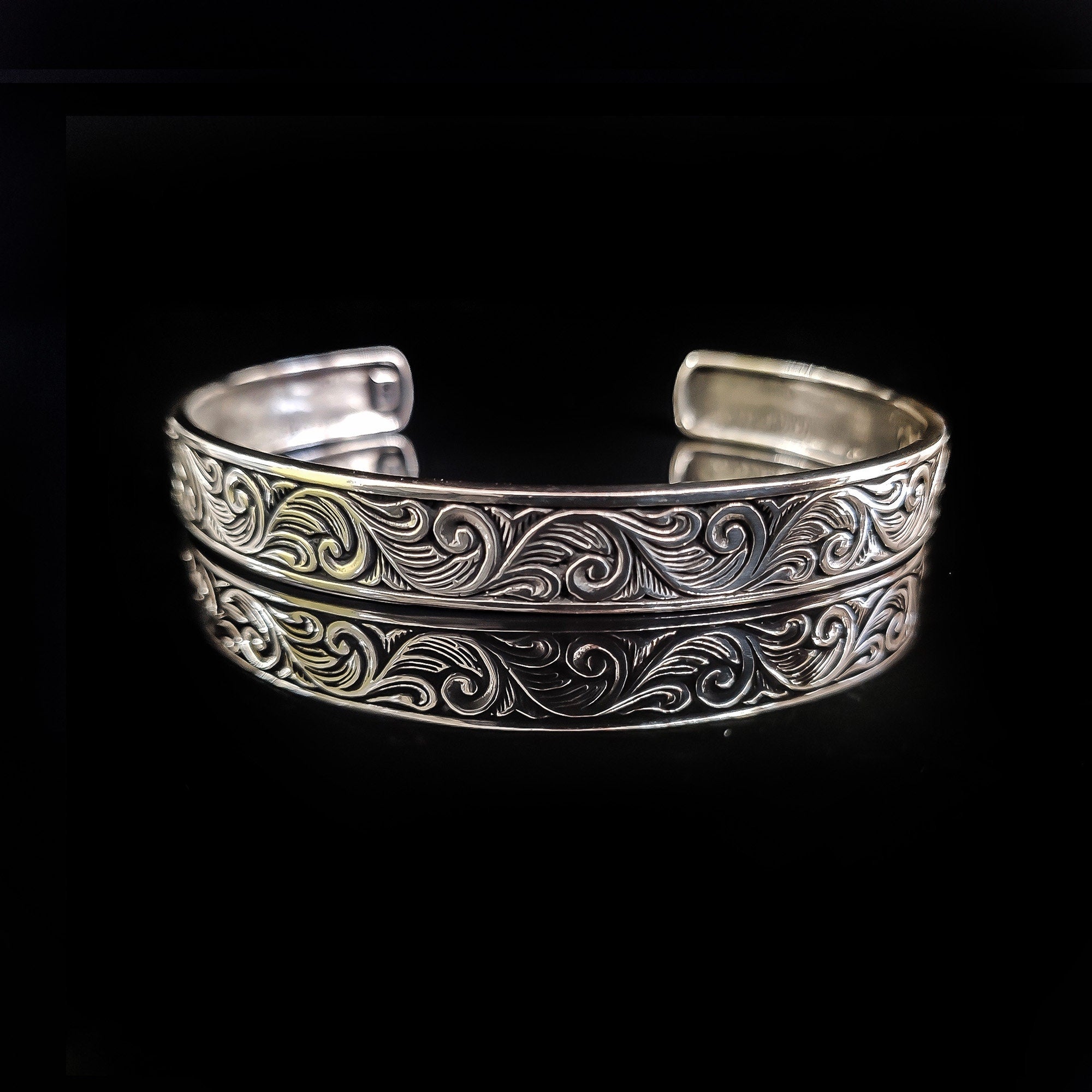 Sterling Silver Cuff Bracelet: Handmade Engraved - Adjustable Fit