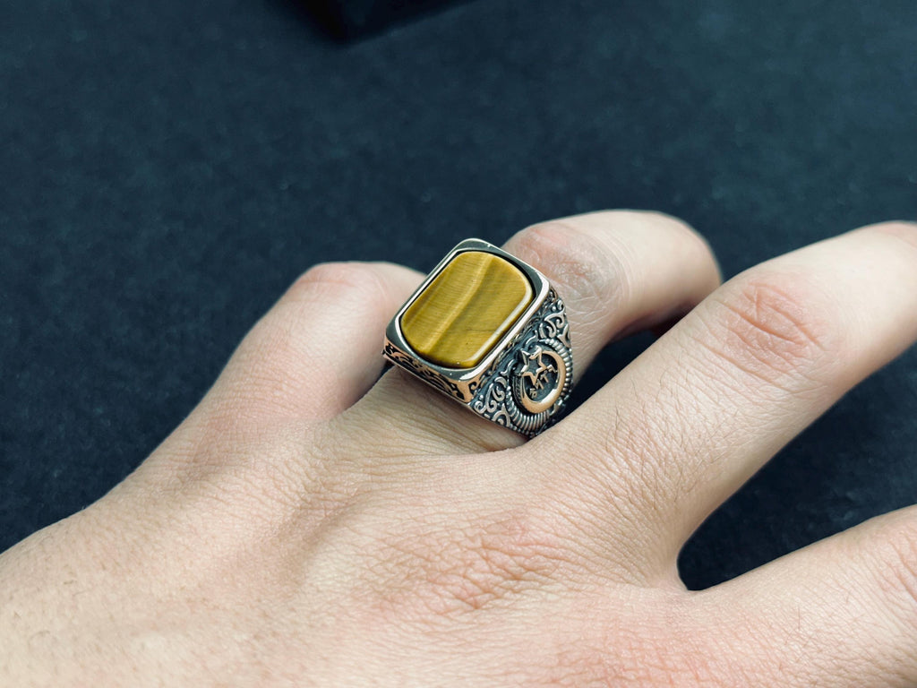 Sterling Silver Signet Ring: Tiger Eye Gemstone - Ottoman Crescent Star