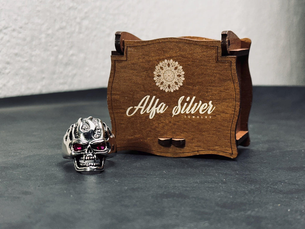 Skull Ring: Gothic Sterling Silver - Cubic Zirconia Accent