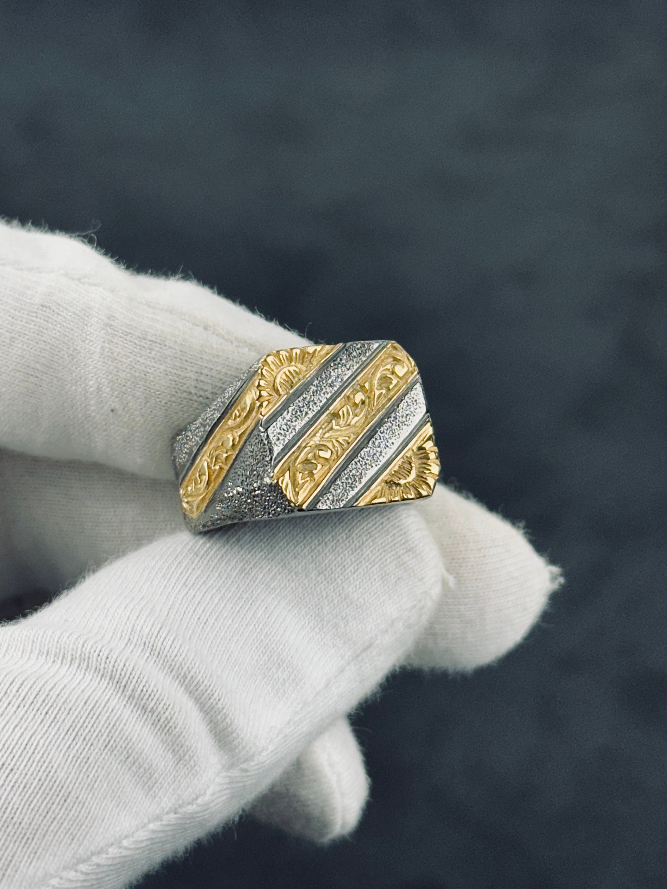 Statement Sterling Silver Ring: Rhodium Engraved Design (Men's Sizes)