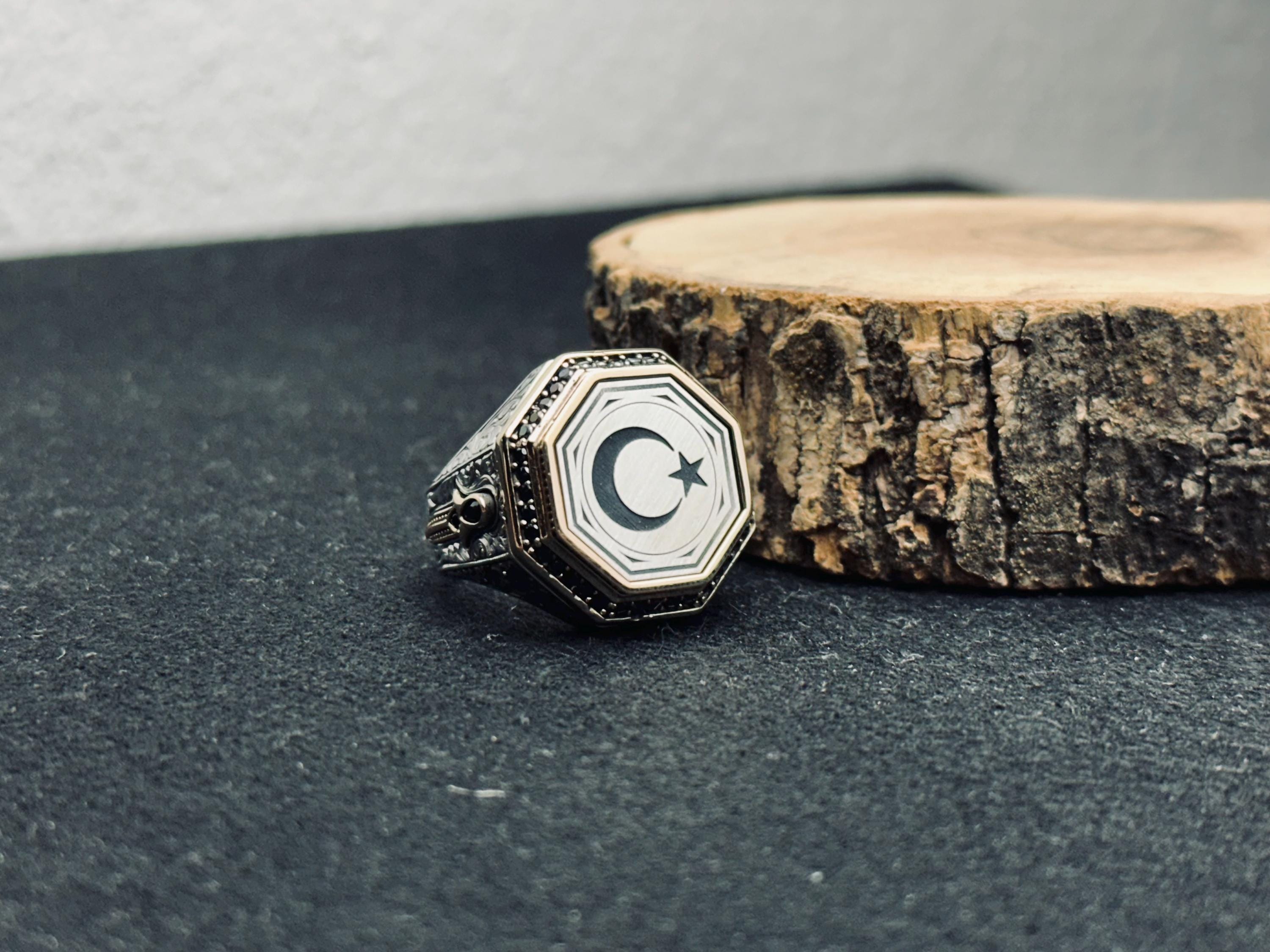 Turkish Silver Crescent-Star Ring, Ottoman Embossed (Handmade 925 Sterling)