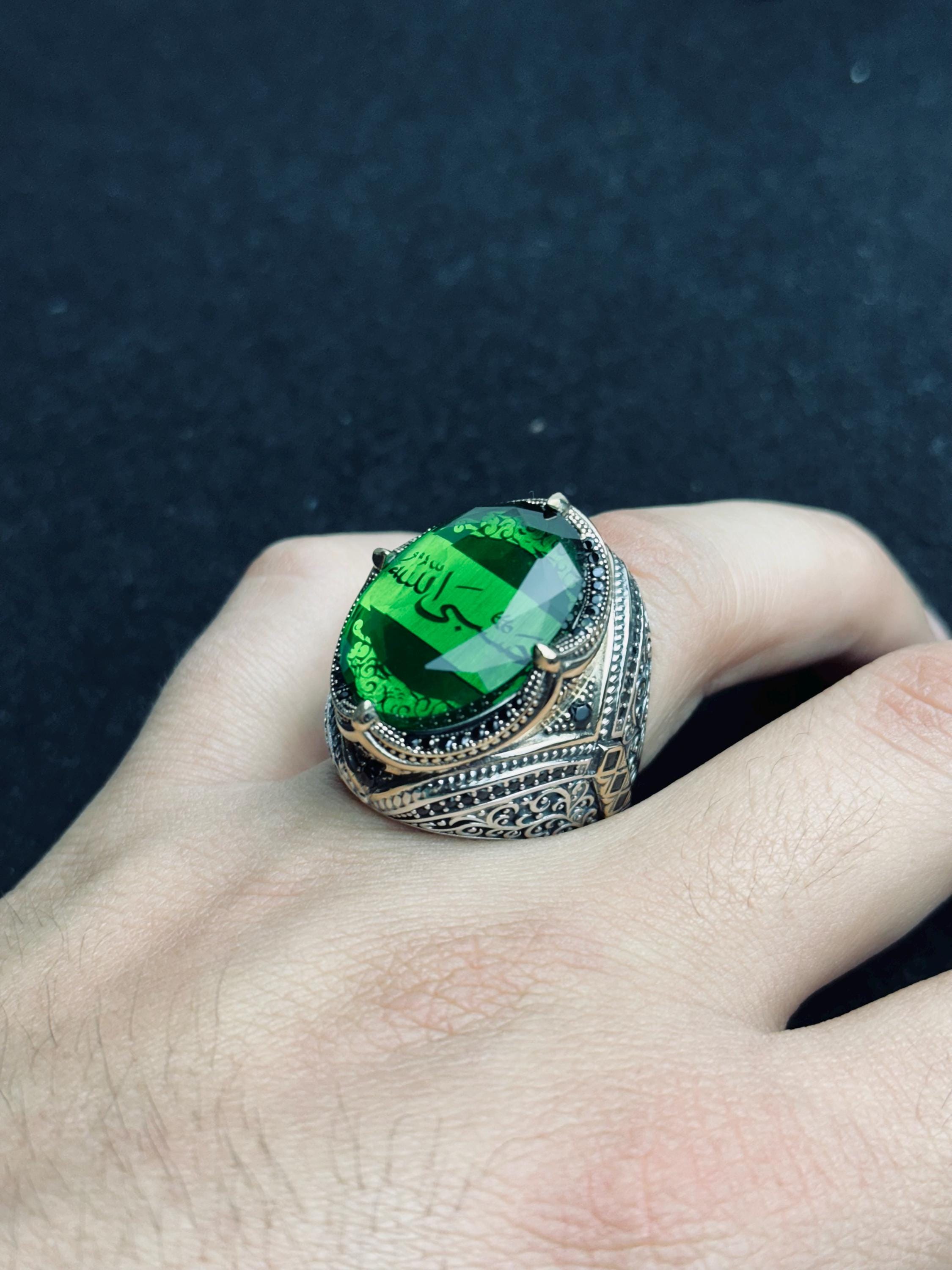 Emerald Islamic Ring: Sterling Silver, Quran Verse, Handmade