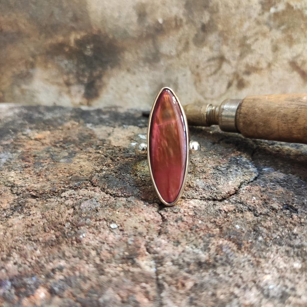 Red Nacre Stone Ring: Handmade 925 Sterling Silver