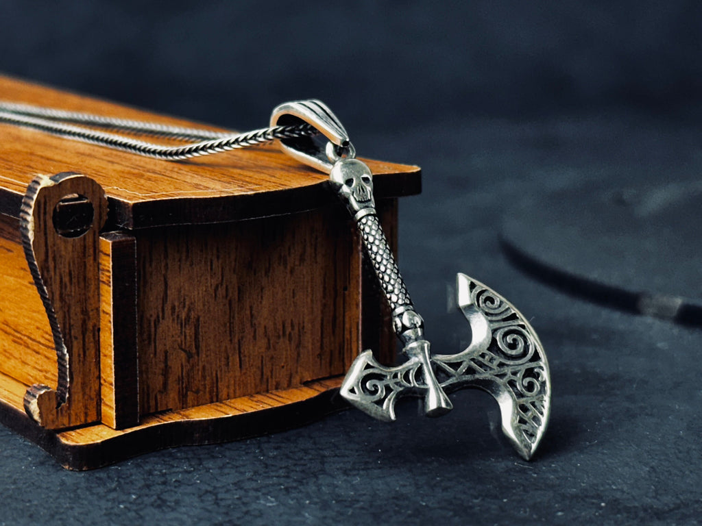 Silver Axe & Skull Necklace: Edgy Gothic Pendant
