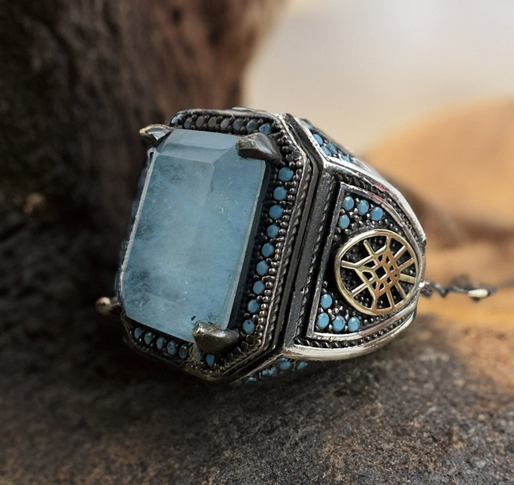 Sterling Silver Ring: Aquamarine Gemstone, Eagle Design (Mens)