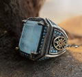 Sterling Silver Ring: Aquamarine Gemstone, Eagle Design (Mens)
