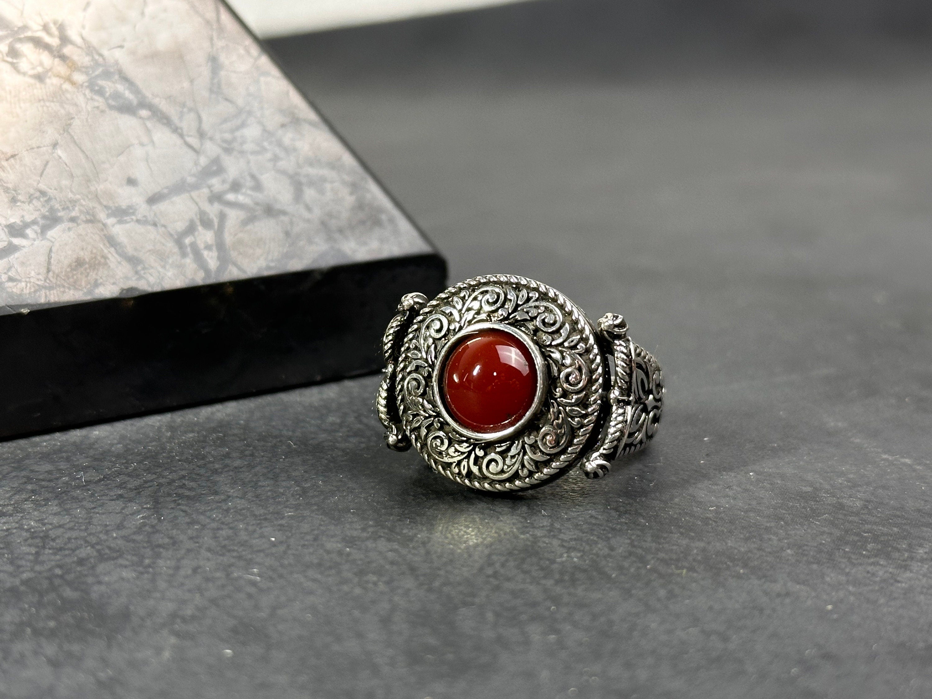 Engraved Sterling Silver Ring: Red Agate Gemstone (Men's Handmade)