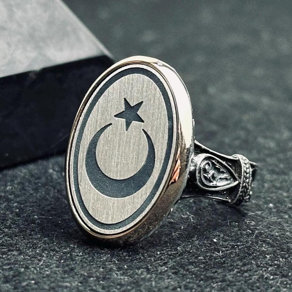 Moon and Star Men's Ring - Bold Oval Sterling Silver Band