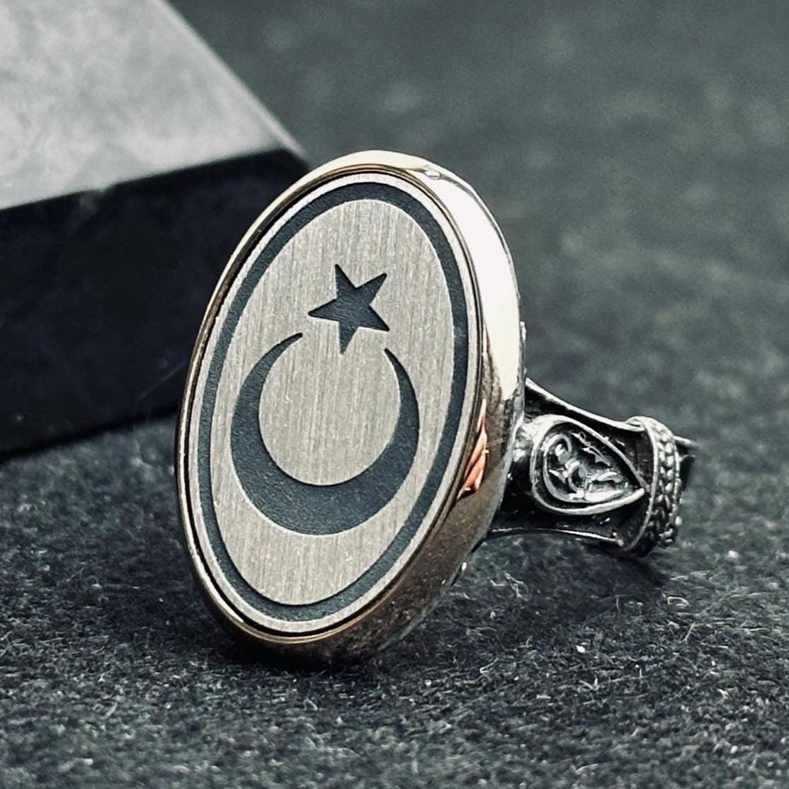 Moon and Star Men's Ring - Bold Oval Sterling Silver Band
