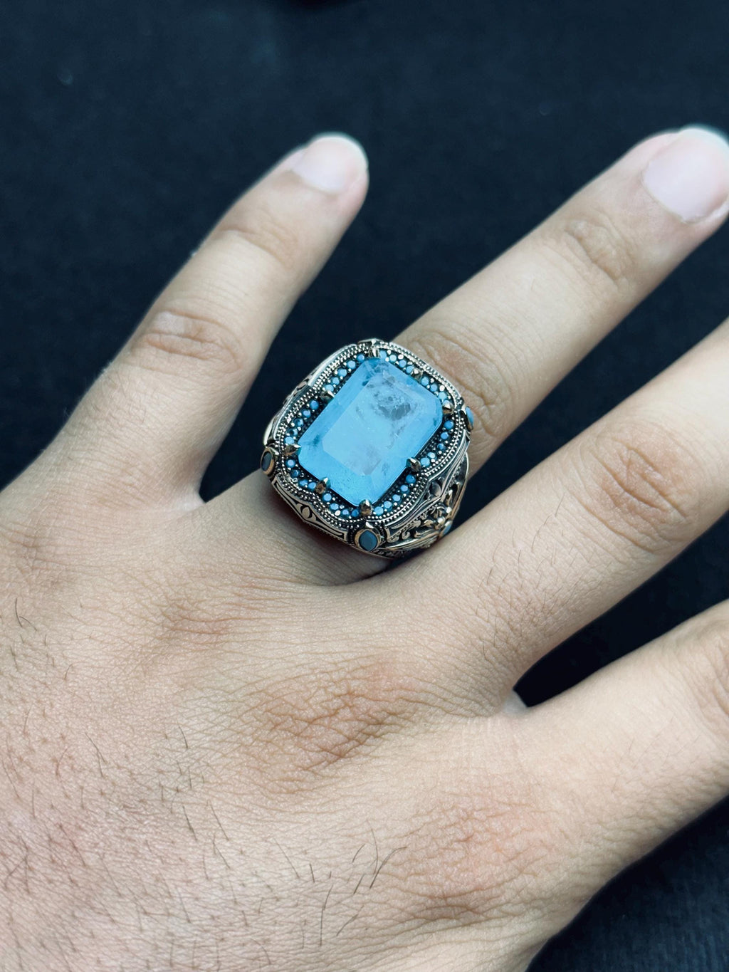 Aquamarine Ring: Men's Handmade Sterling Silver (Ottoman Lion Head)