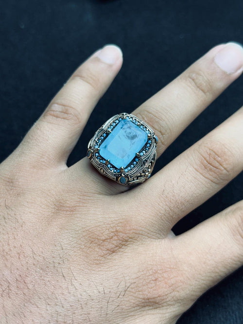 Aquamarine Ring: Men's Handmade Sterling Silver (Ottoman Lion Head)