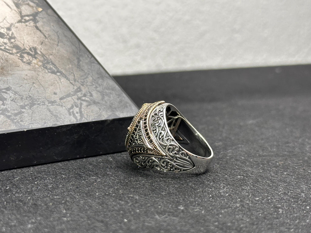 Men's Silver Ring: Handmade 925 Sterling - Black Zircon Stone