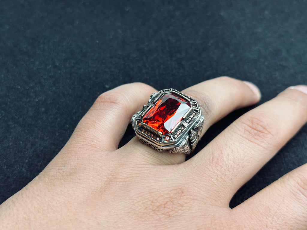 Ottoman Ruby Silver Ring, Handmade Vintage Style (Men's Size)