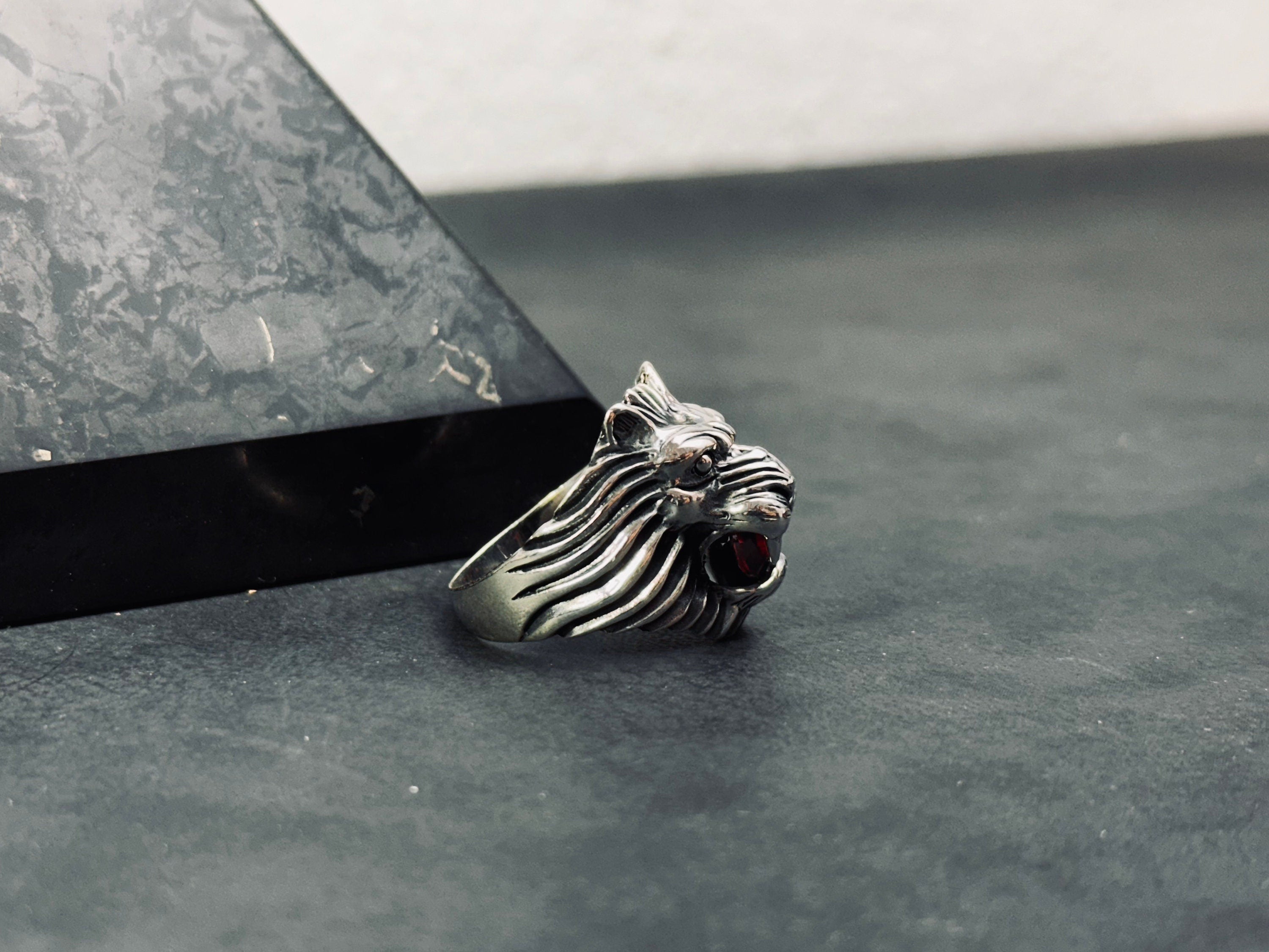 Men's Sterling Silver Lion Ring, Engraved CZ Gemstone (Handmade)