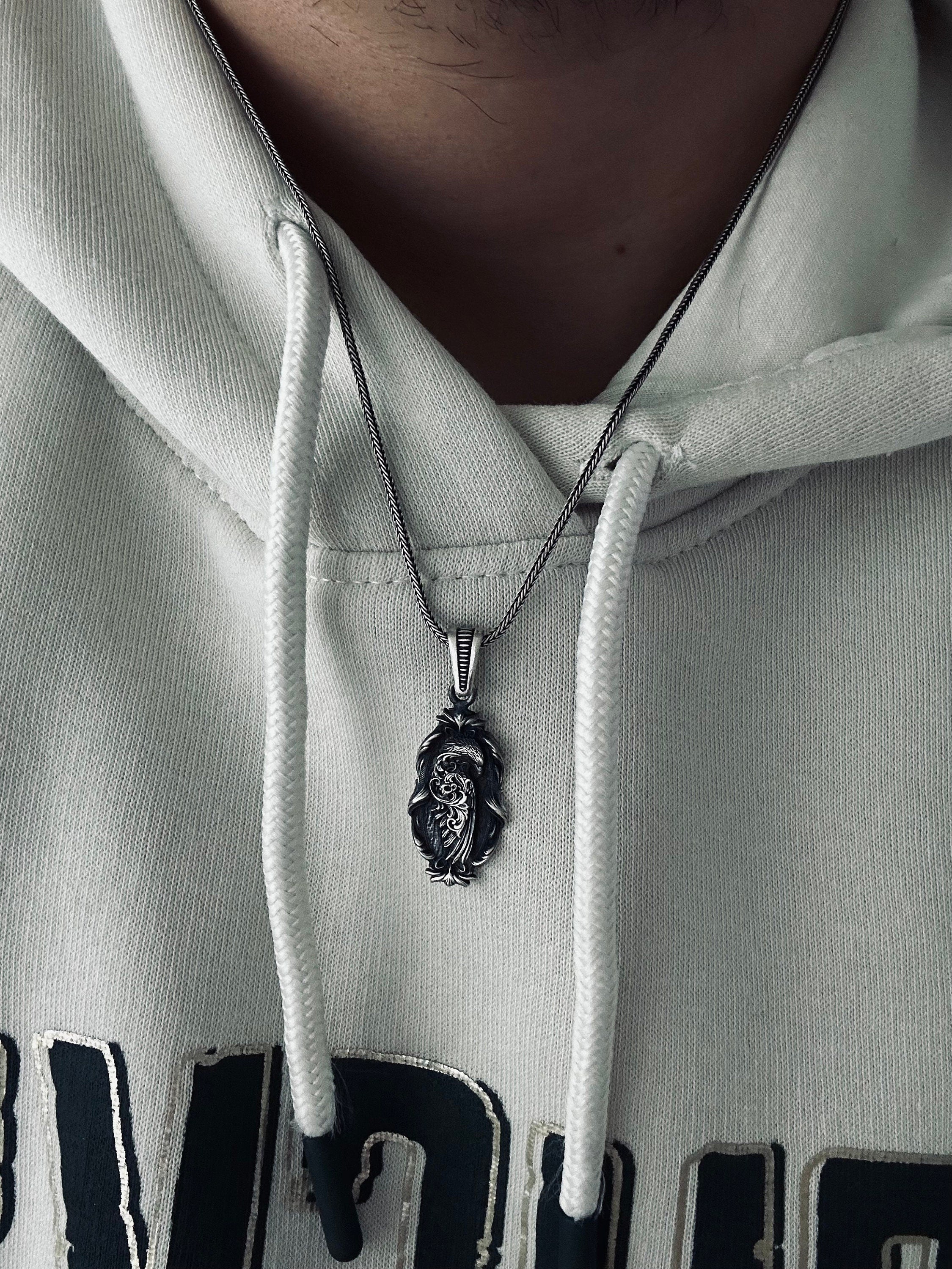 Nature Lover Silver Necklace, Eagle Embroidered Pendant (Adjustable Chain)