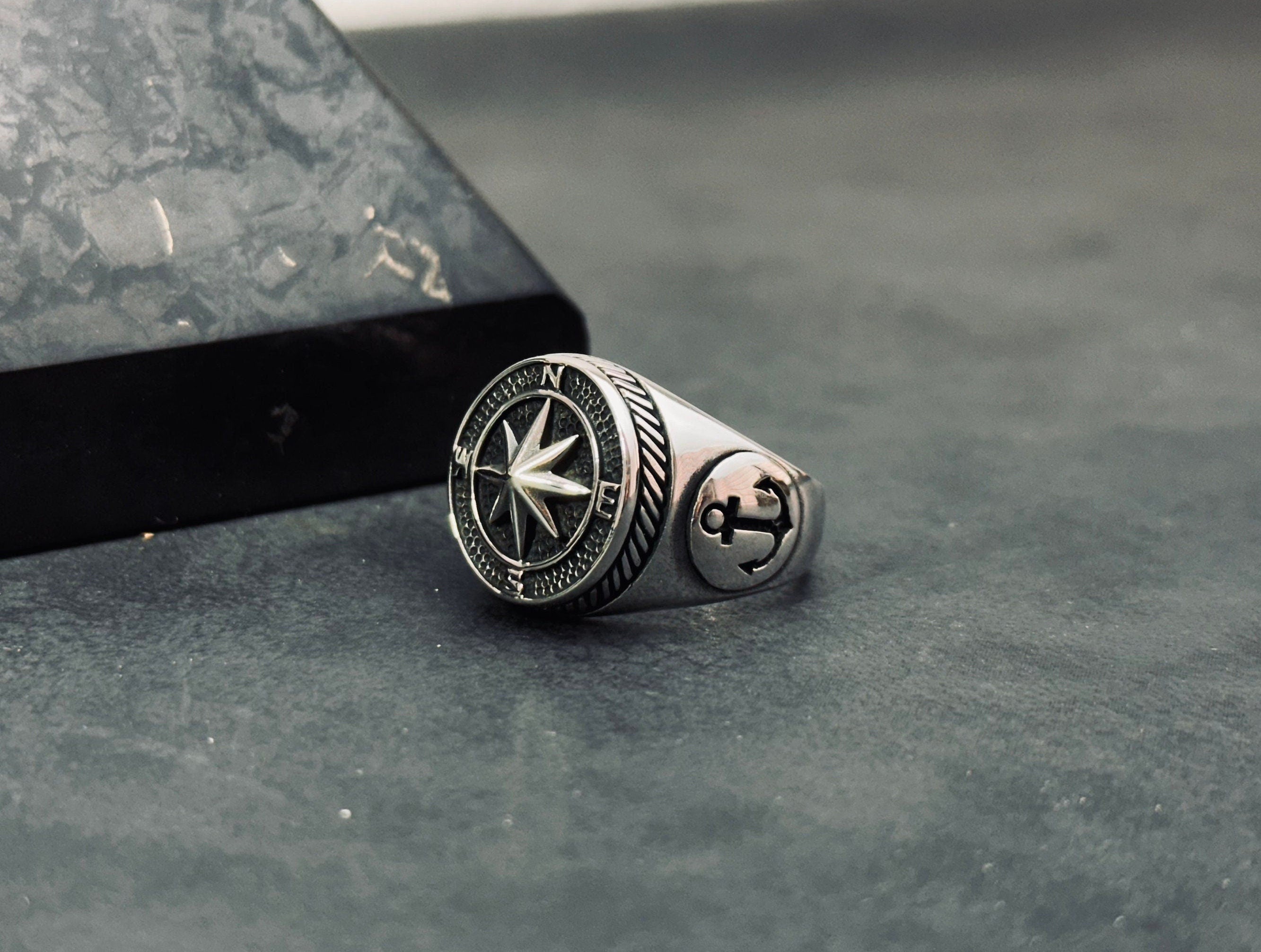 Sterling Silver Compass Ring: Handmade North Star Band
