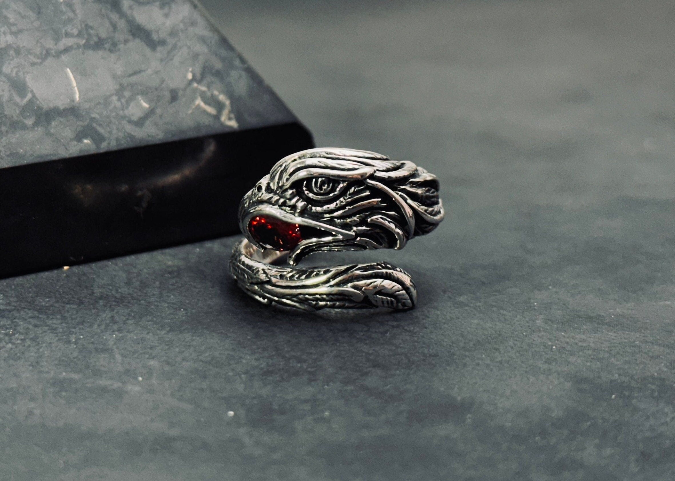 Oxidized Sterling Silver Snake Ring: Adjustable with CZ Gemstone