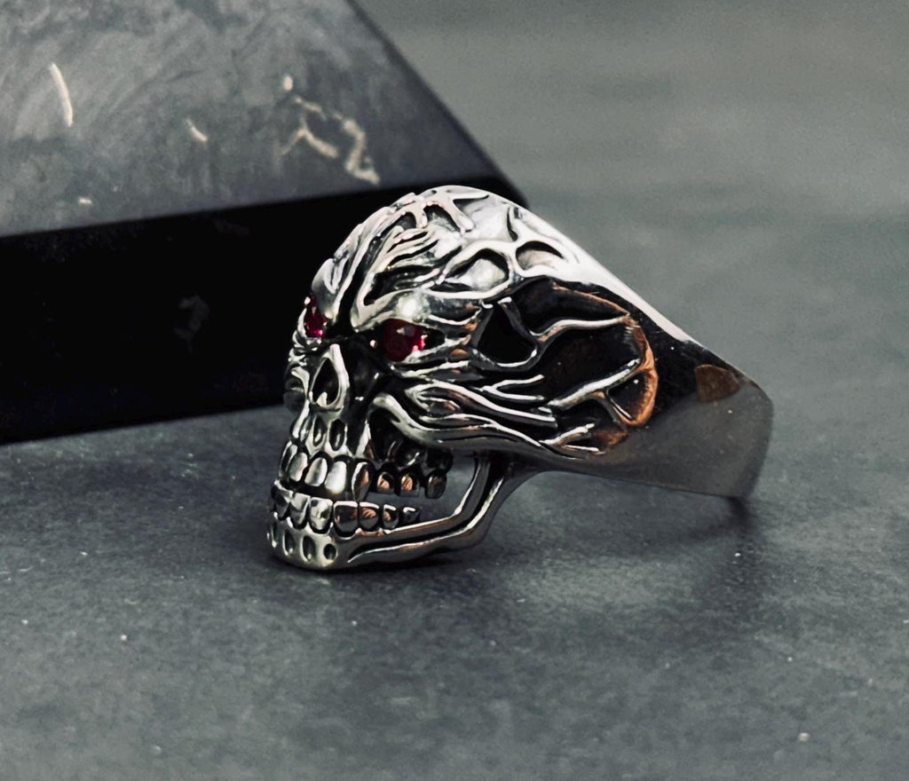 Skull Ring: Sterling Silver Biker Goth - Handmade Design