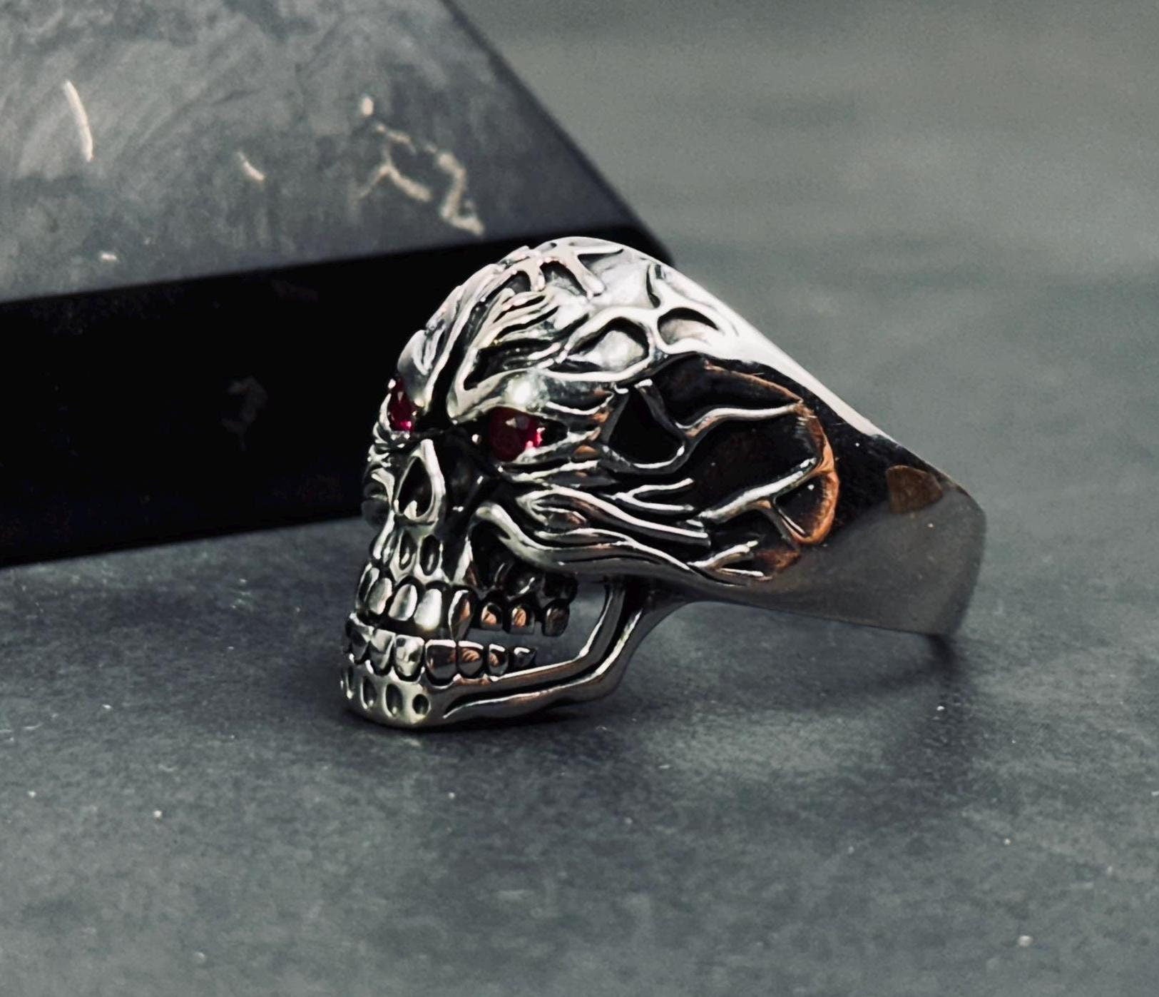 Skull Ring: Sterling Silver Biker Goth - Handmade Design