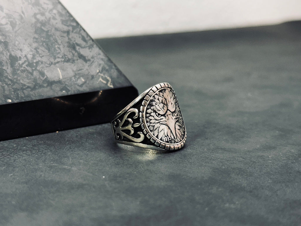Sterling Silver Eagle Ring, Handmade Bold Design (Men's Size)