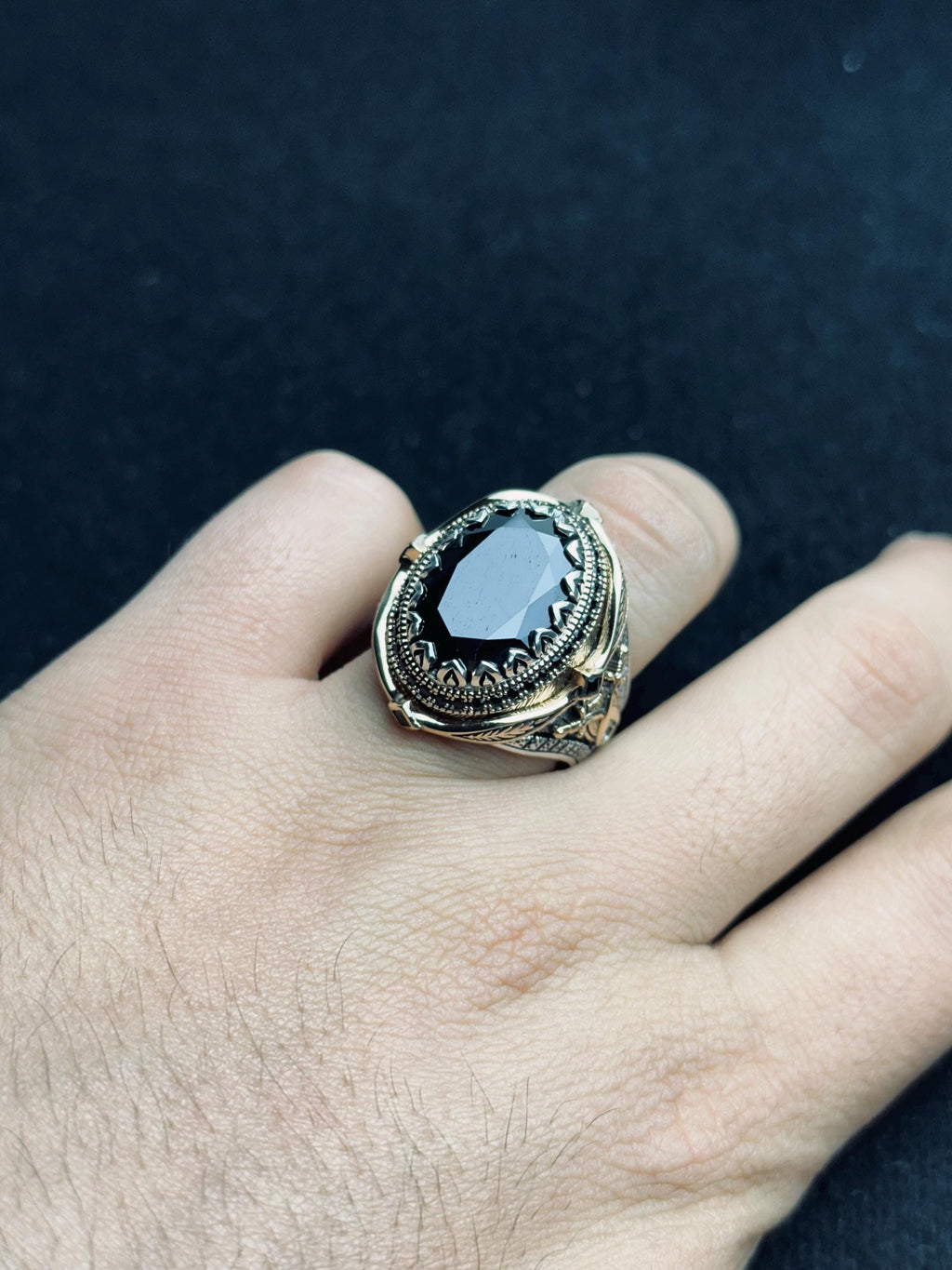 Black Zircon Men’s Ring - Unique Handmade Turkish Silver