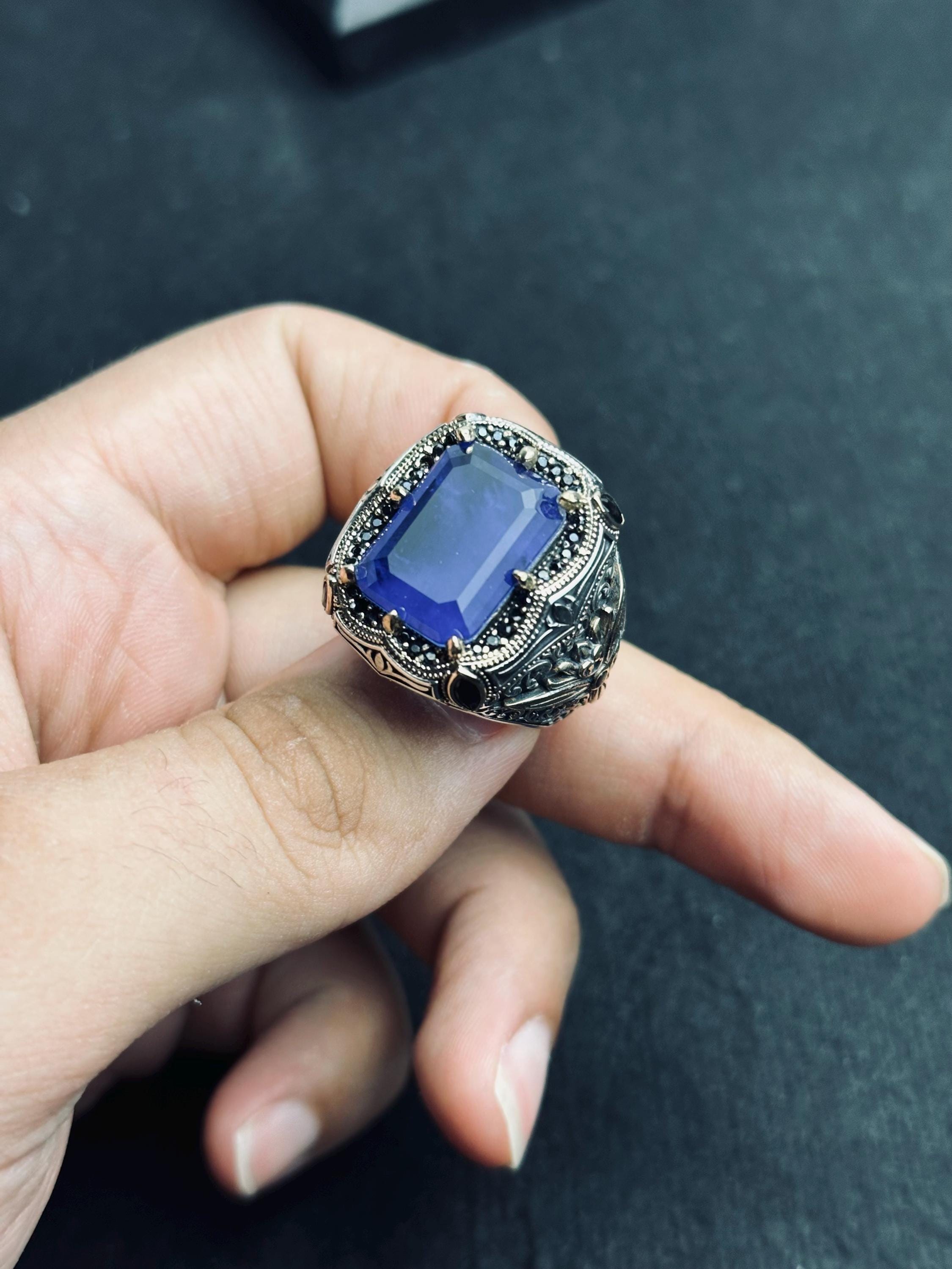 Blue CZ Men's Ring: Handmade Sterling Silver, Turkish Statement