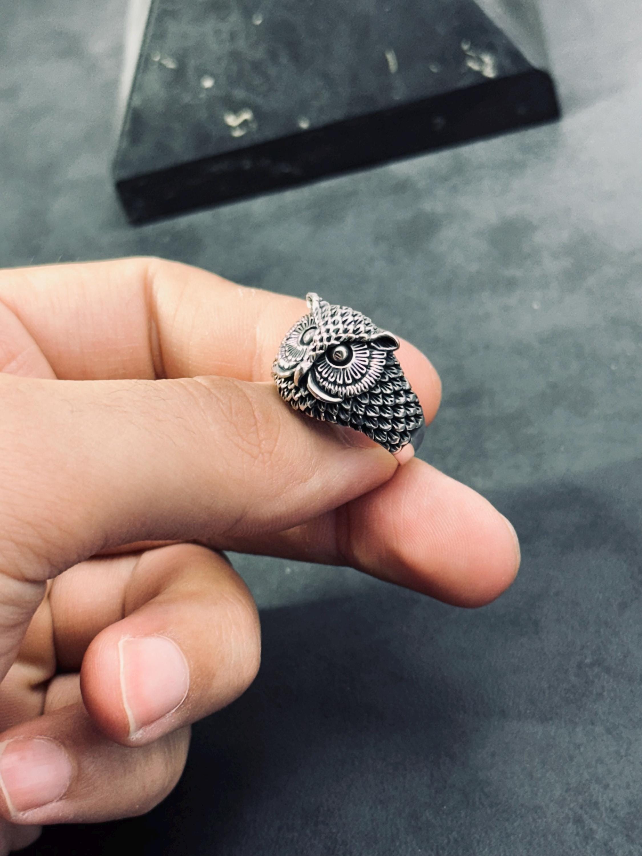 Sterling Silver Owl Ring, Oxidized Finish (Men's Handmade Size 8-12)