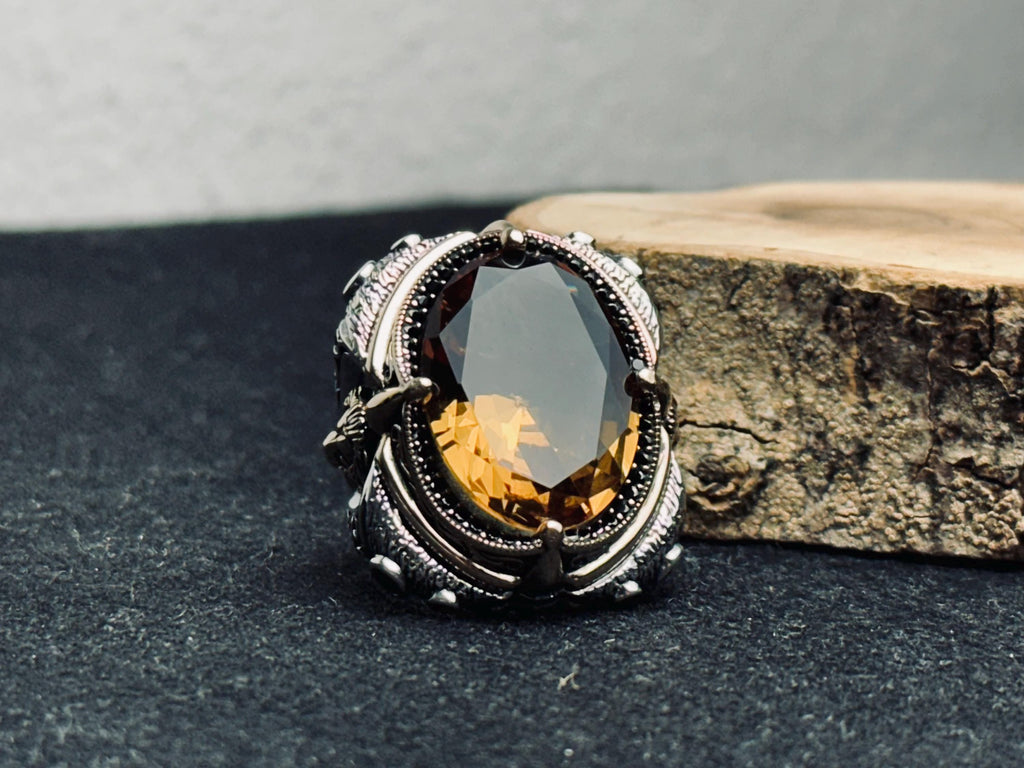Sultanit Statement Ring: Handmade Sterling Silver with Wolf Detail