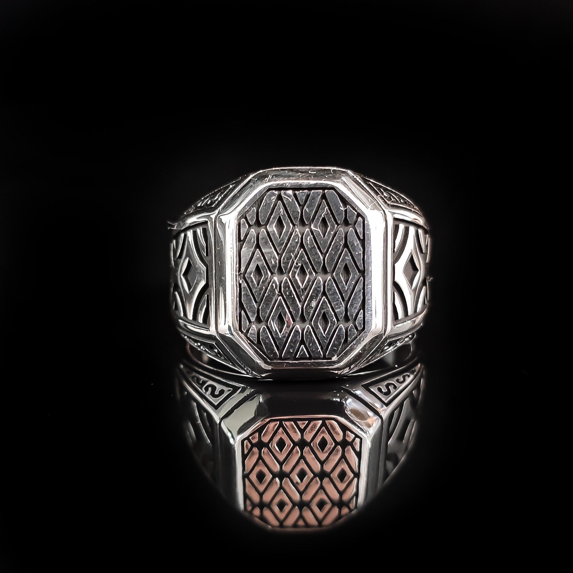 Sterling Silver Signet Ring: Greek Handmade Design (Red Zircon)