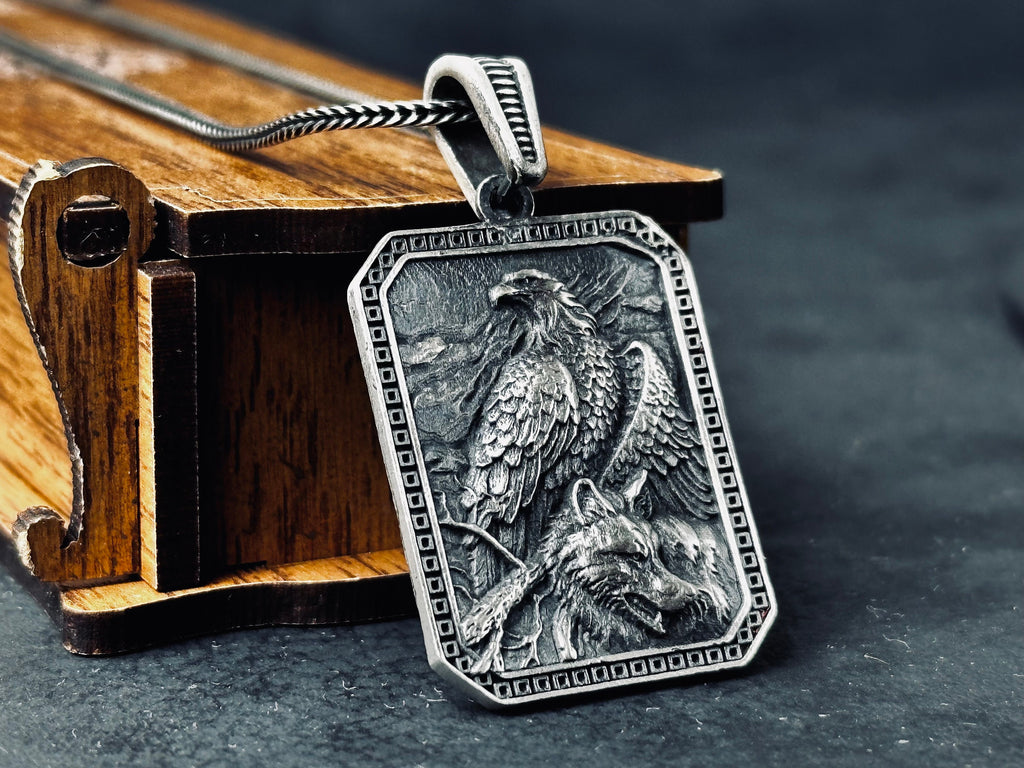 Silver Eagle Wolf Pendant Necklace: Handcrafted Statement Jewelry