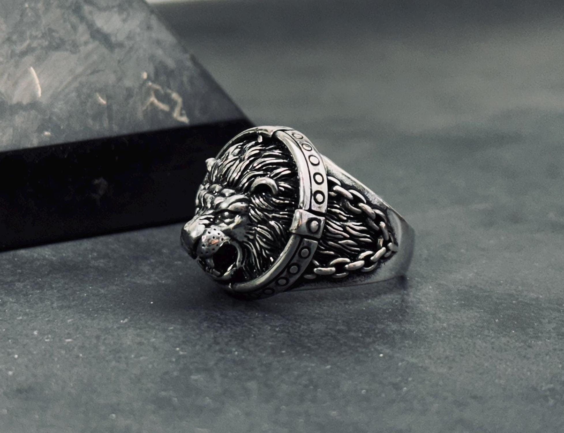 Sterling Silver Lion Ring, Handmade Oxidized Design (Men's Size)