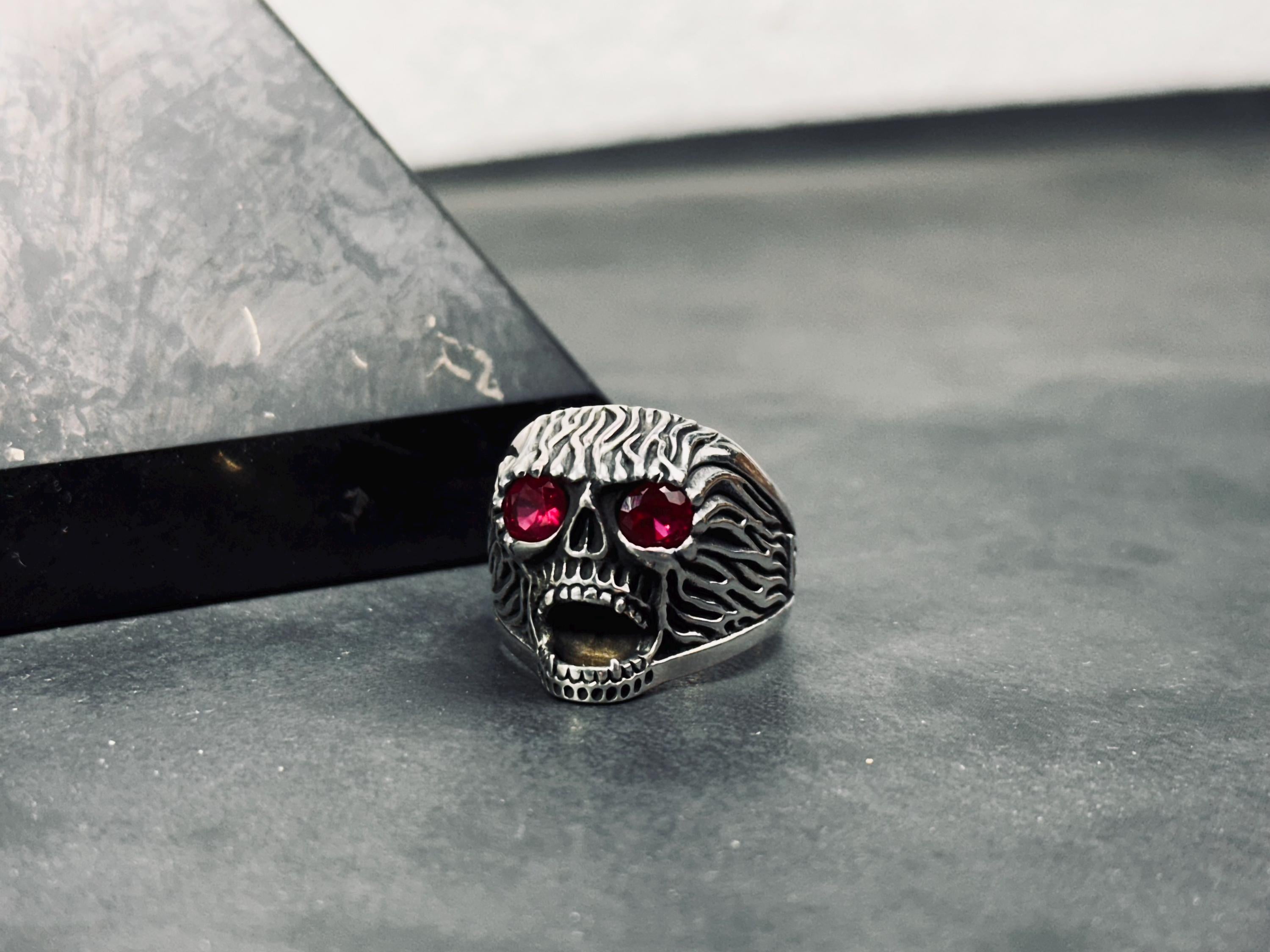 Engraved Skull Biker Ring: Sterling Silver, Handmade Goth Jewelry