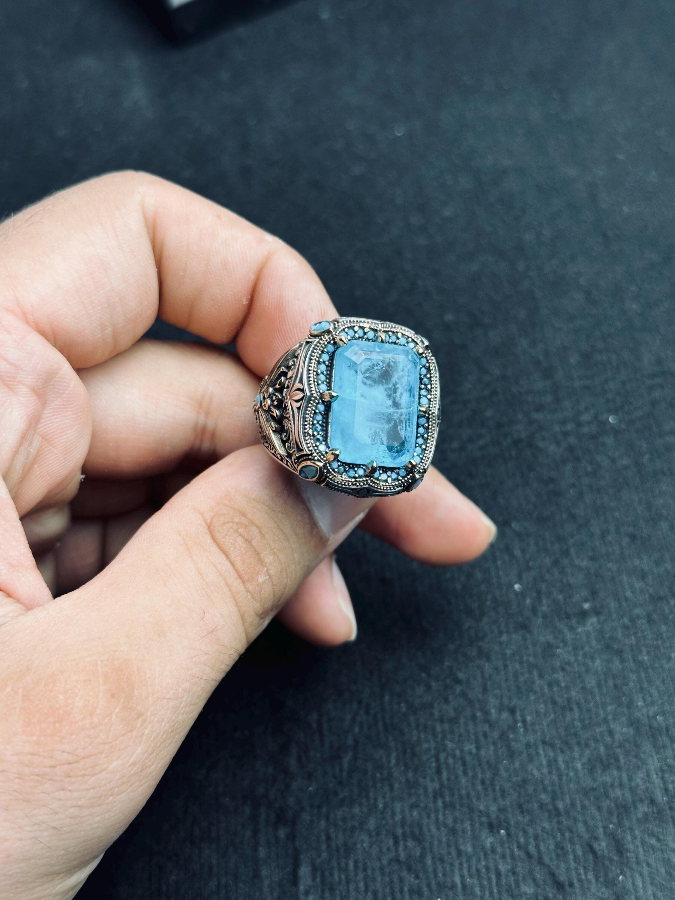 Aquamarine Ring: Men's Handmade Sterling Silver (Ottoman Lion Head)