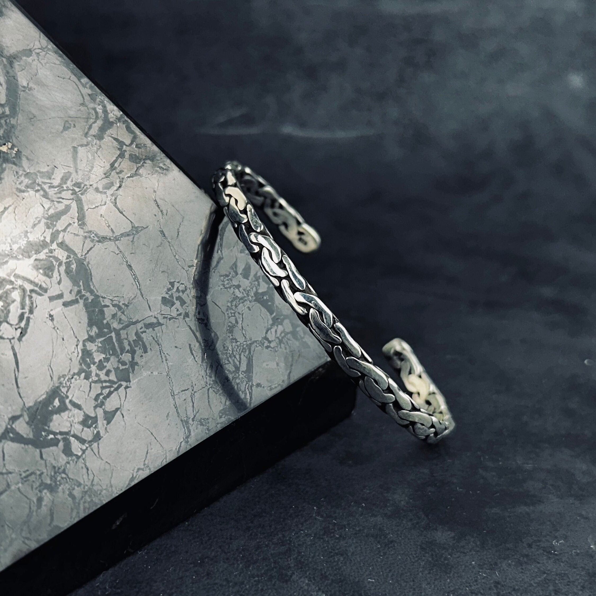 Sterling Silver Bangle: Knitted Design - Handmade Adjustable Cuff