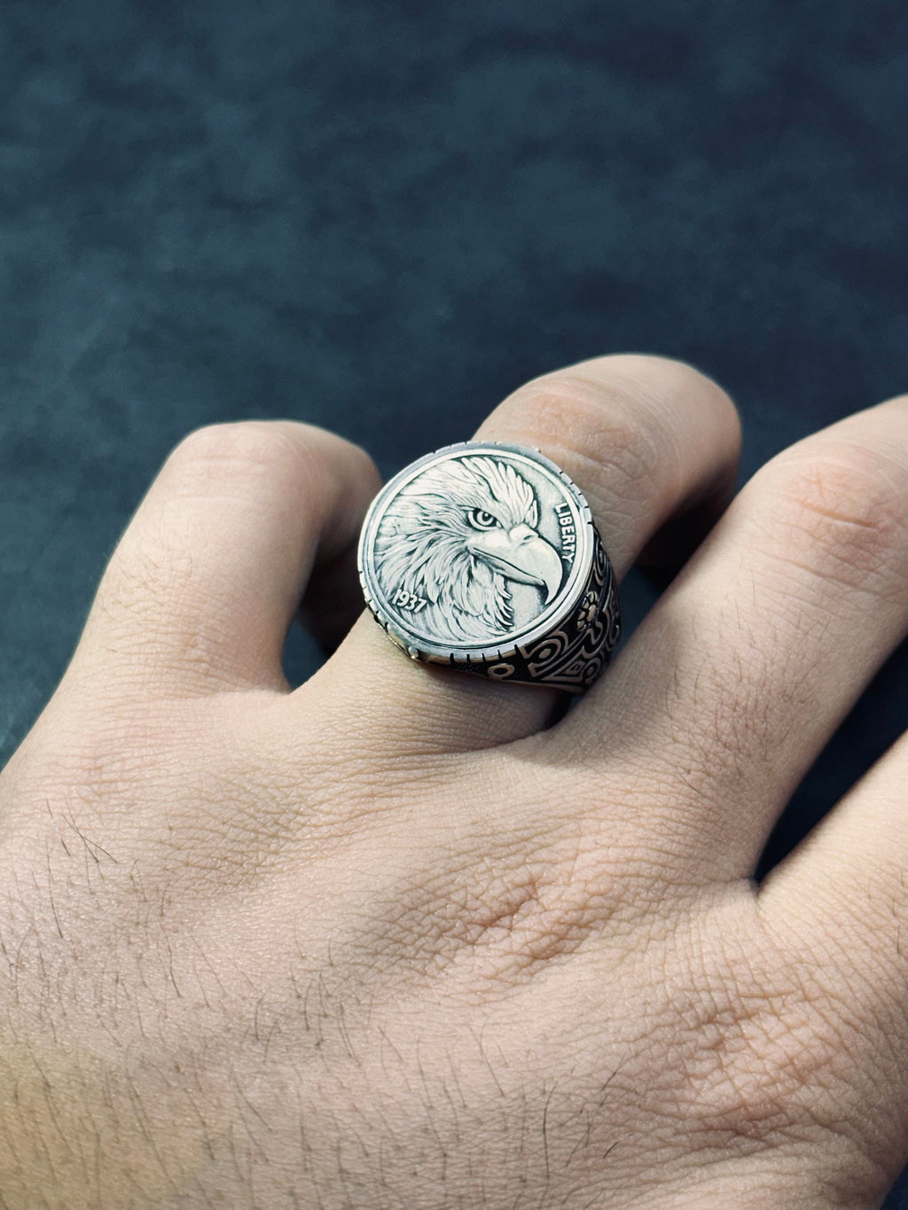 Engraved Eagle Ring: Tribal Sterling Silver (Handmade for Men)