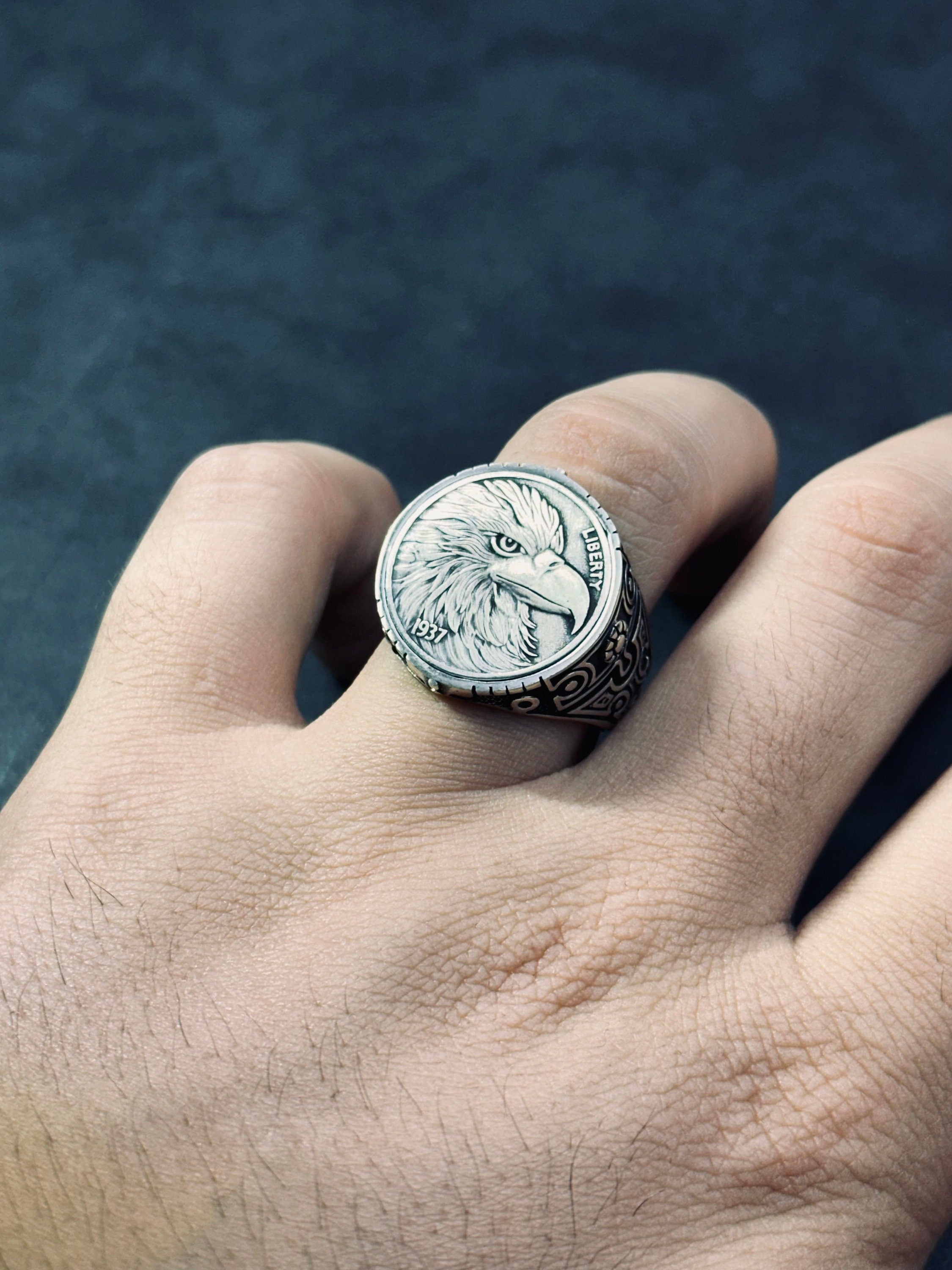 Engraved Eagle Ring: Tribal Sterling Silver (Handmade for Men)