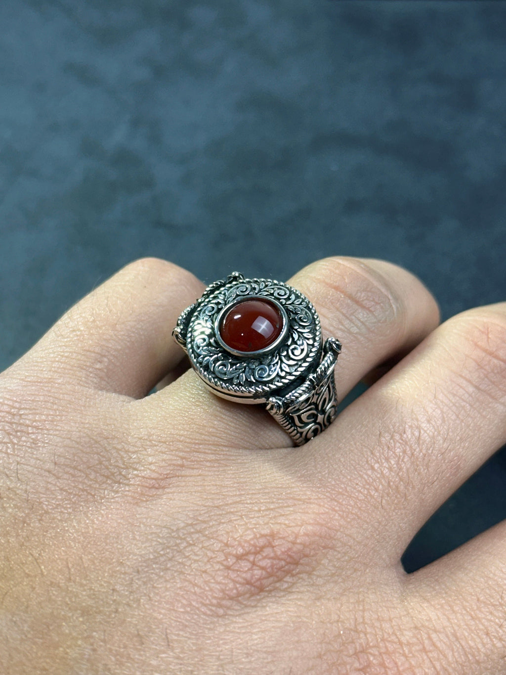 Engraved Sterling Silver Ring: Red Agate Gemstone (Men's Handmade)