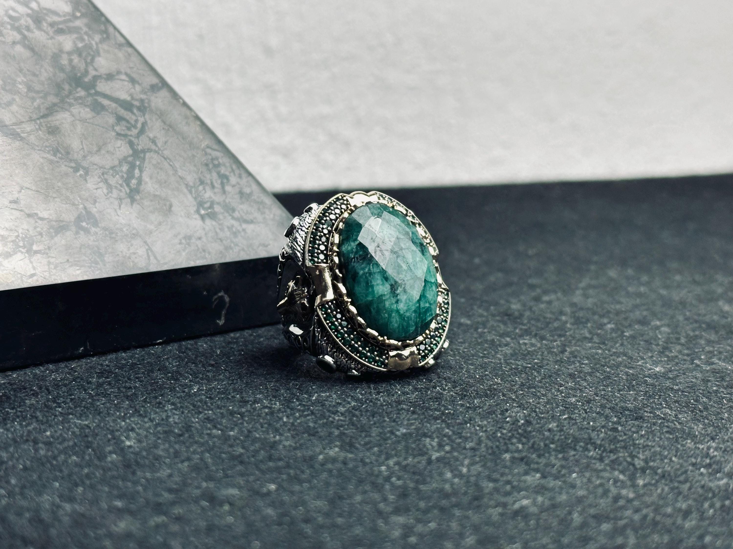 Emerald Lion Silver Ring - Large Handmade Sterling Statement